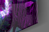 Violet-and-teal jungle cinematic glass wall art in dramatic dining room
