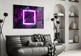 Neon foliage stage-lit cinematic glass wall art over walnut bar cabinet