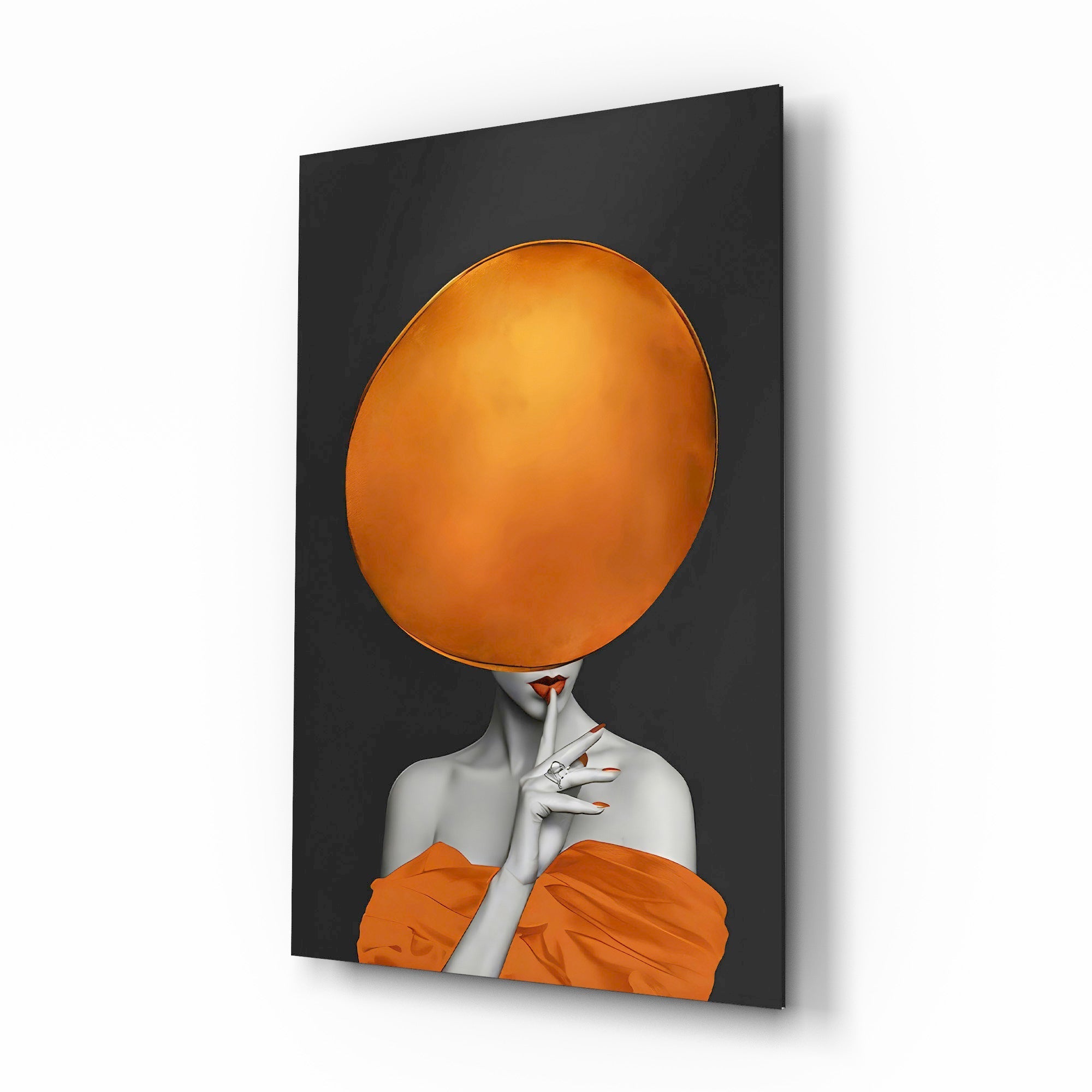 Gold mask shh-pose surreal cinematic glass wall art over walnut console in designer powder room