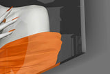 Orange-and-charcoal cinematic glass wall art in boutique-hotel lounge