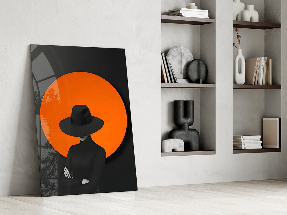 Black-and-orange cinematic glass wall art over modern dining sideboard