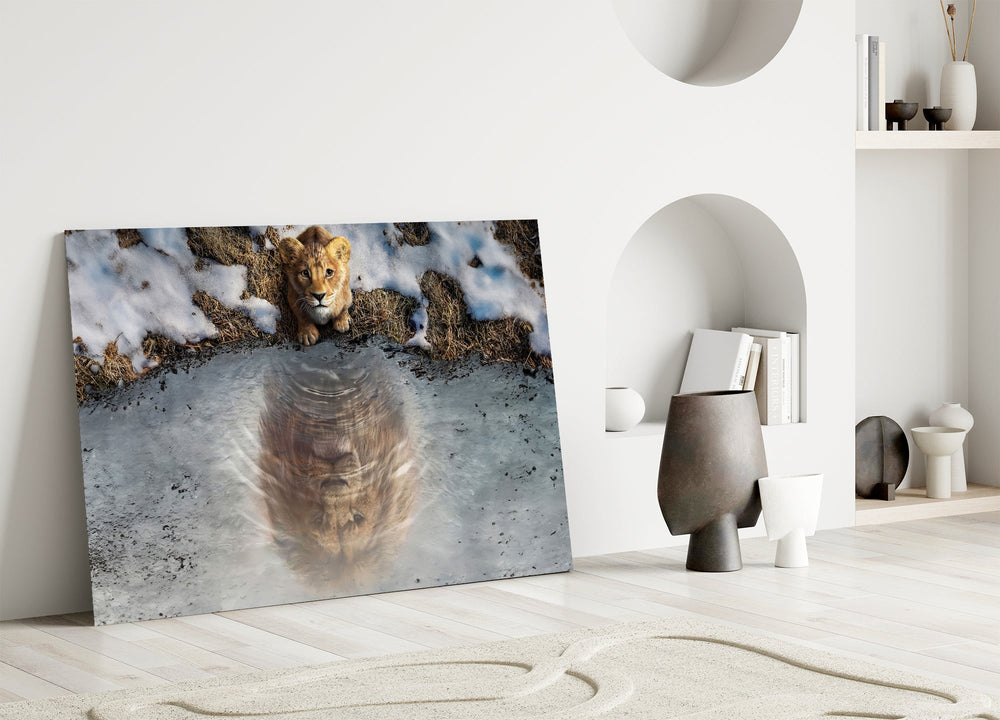 Snow-edged puddle cinematic glass wall art in mountain-cabin great room