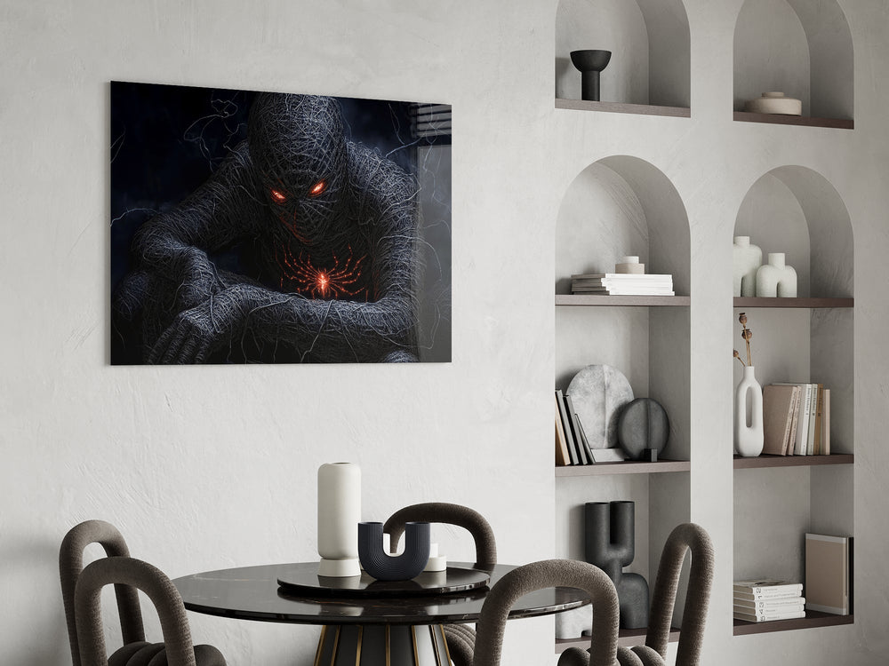 Red-eye spider cinematic glass wall art in heritage stairwell