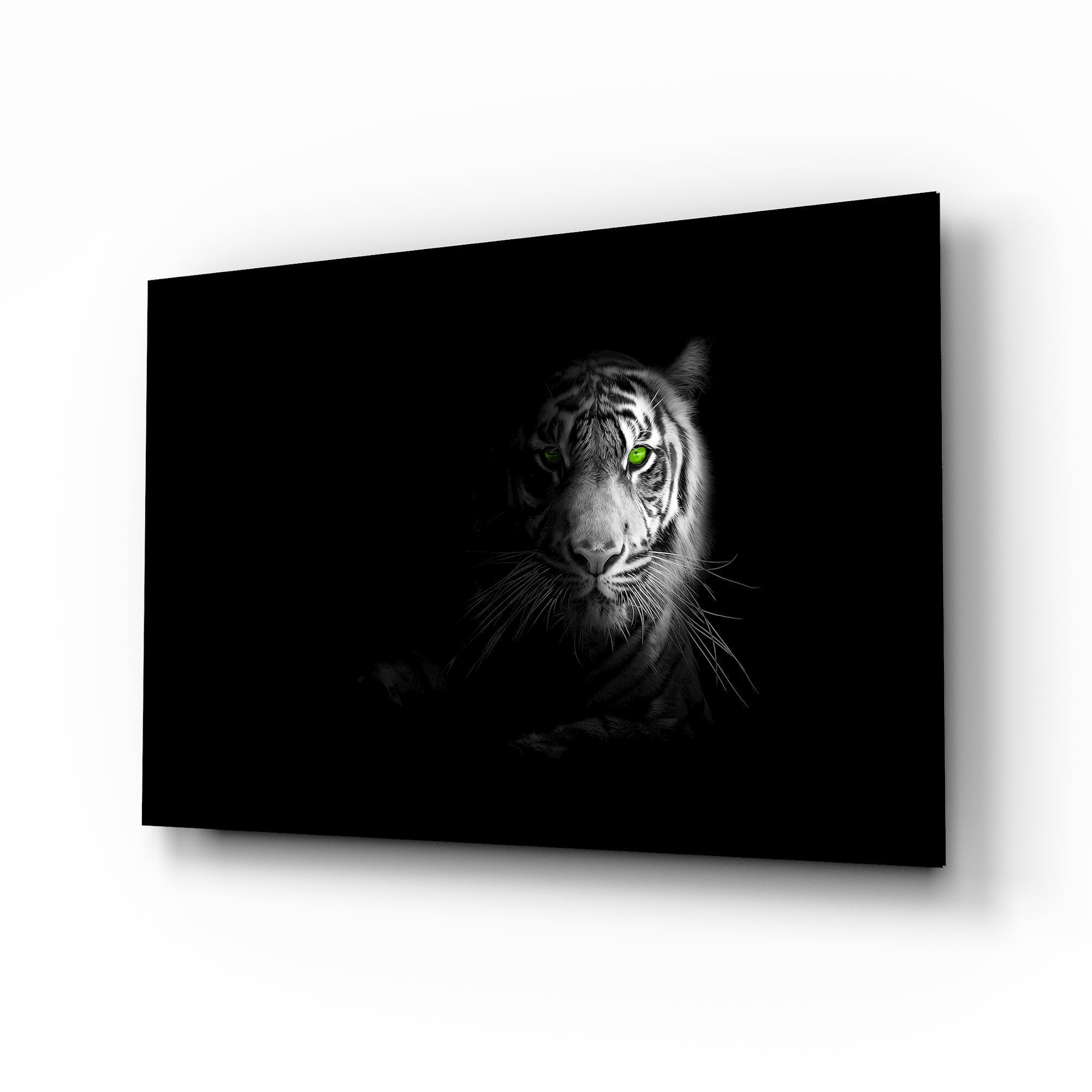 Green-eyed tiger cinematic glass wall art over walnut console in designer office