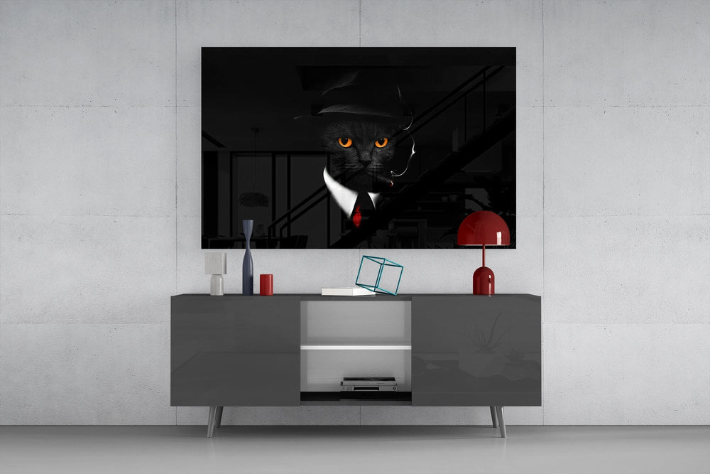 Sleek black-cat cinematic glass wall art in boutique-hotel lounge