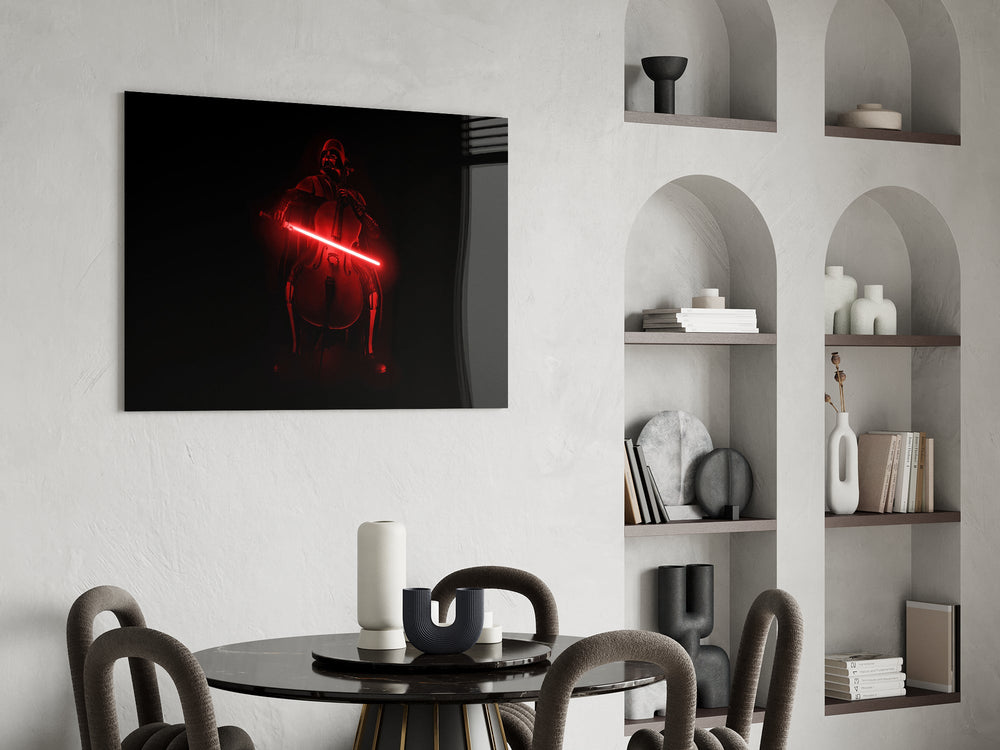 Sci-fi pop humor cinematic glass wall art over modern game-room console