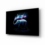 Cosmic elephant stardust cinematic glass wall art over walnut console in designer child bedroom
