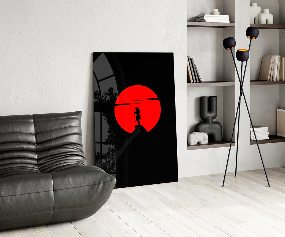Katana-warrior cinematic glass wall art over modern dining sideboard