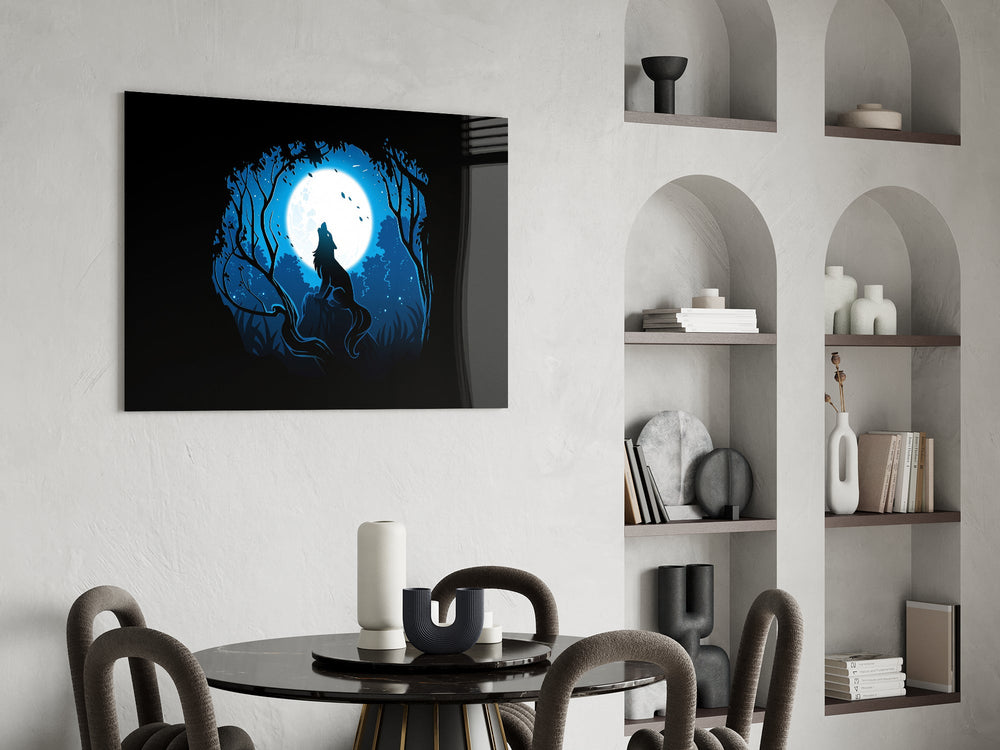 Paper-cut diorama cinematic glass wall art over modern dining sideboard