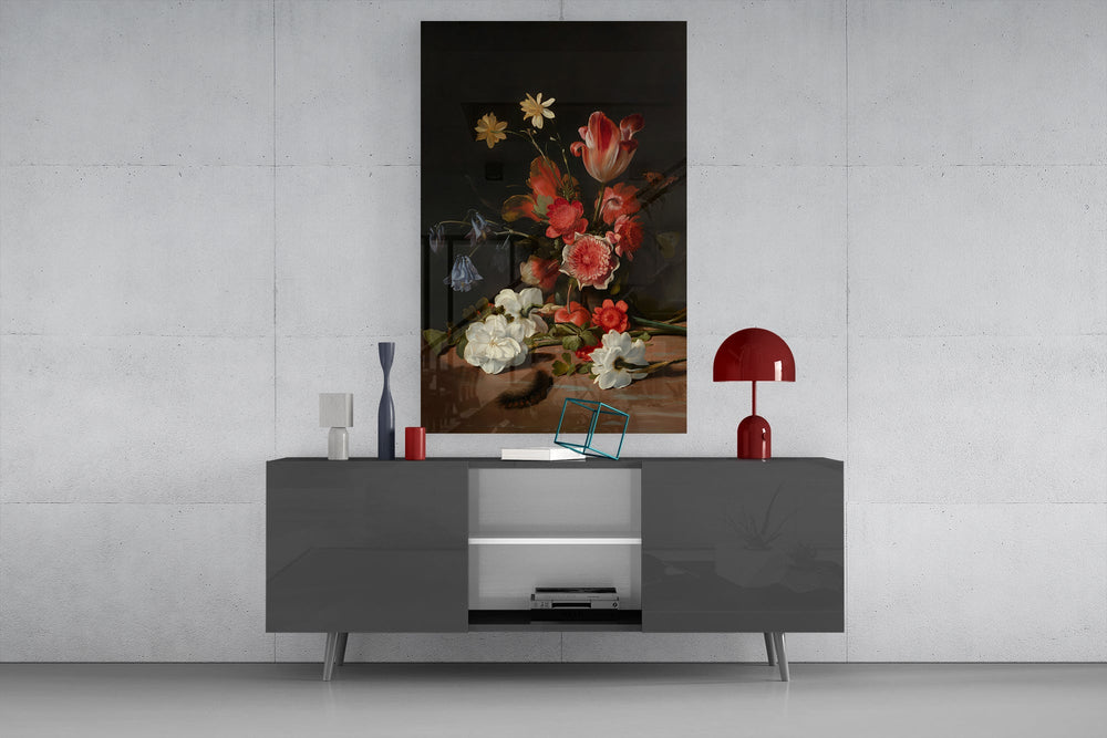 Heirloom floral cinematic glass wall art in formal sitting room