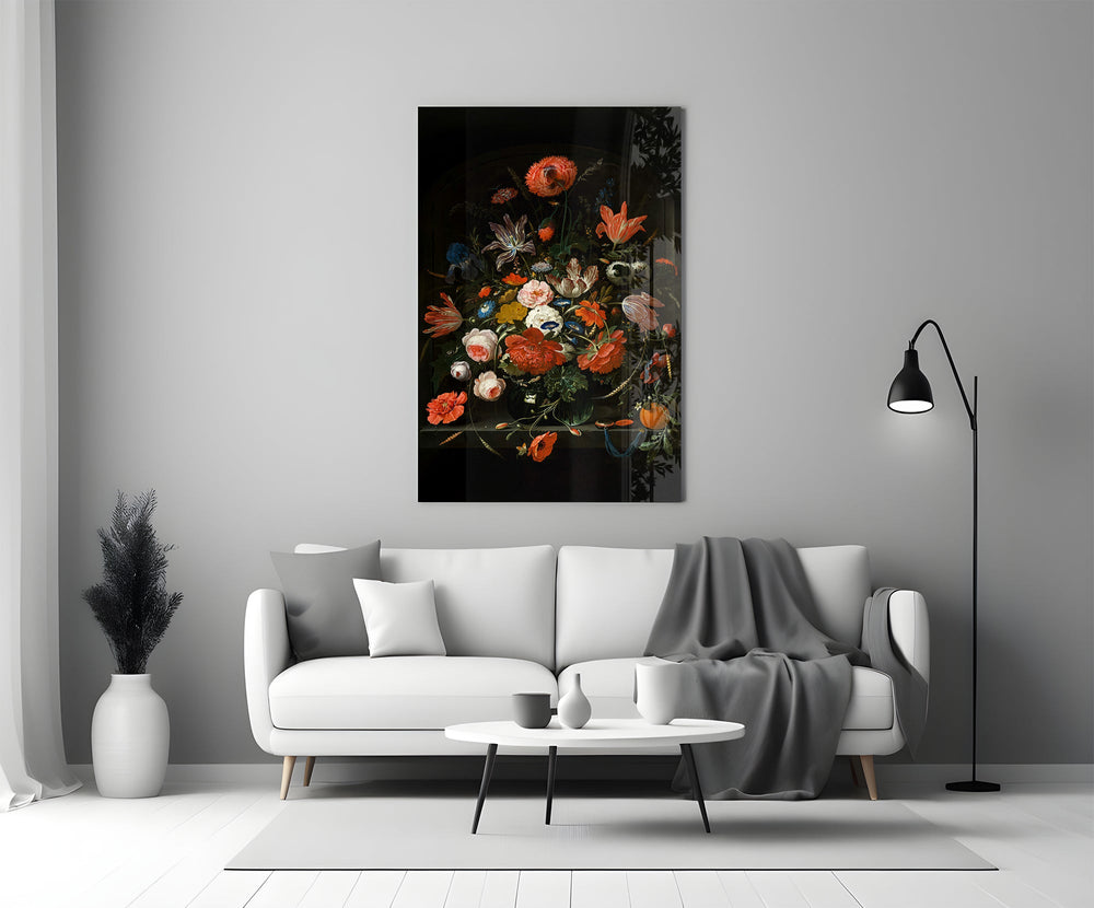 17th-century flower piece cinematic glass wall art in heritage stairwell