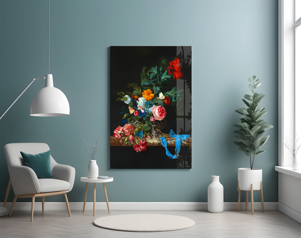 Feminine-luxe bouquet cinematic glass wall art in designer foyer