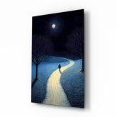 Moonlit path walker cinematic glass wall art over walnut console in designer bedroom