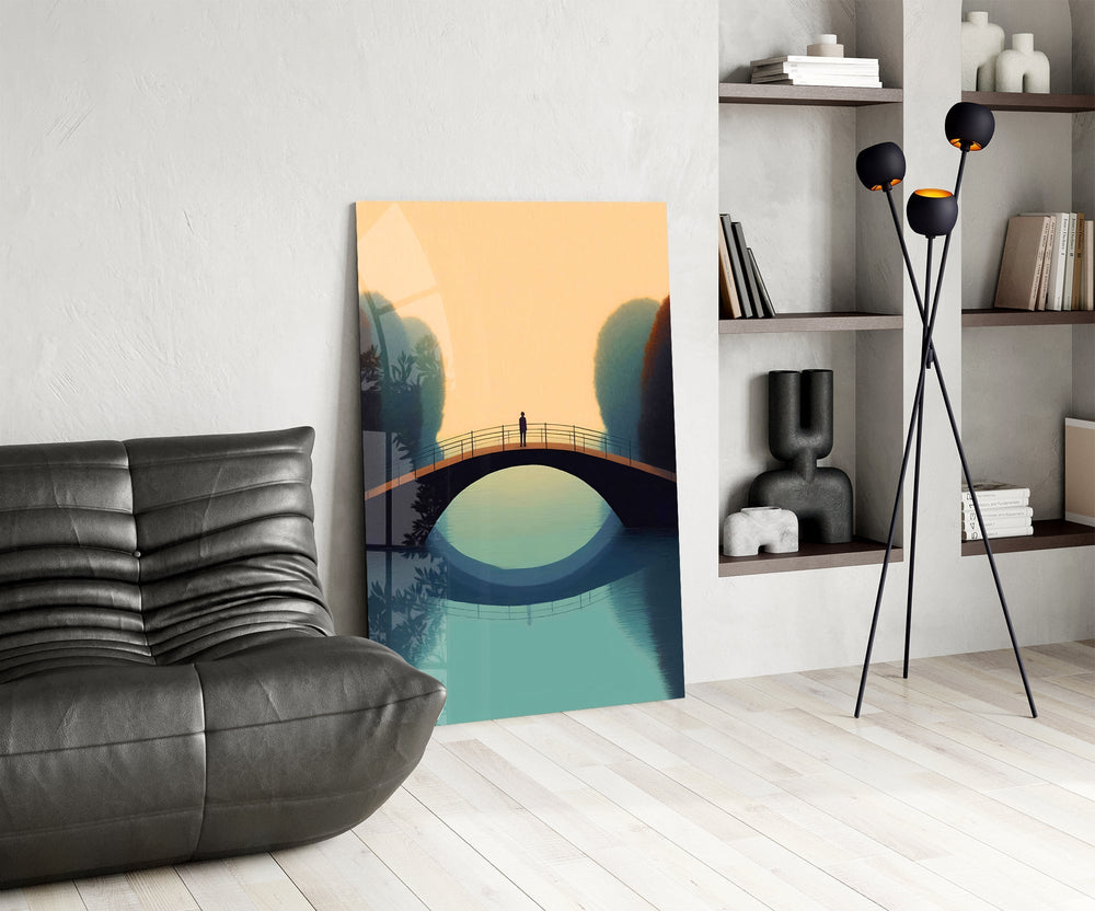 Topiary-and-bridge cinematic glass wall art over modern dining sideboard