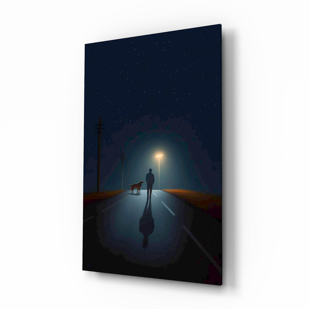 Man and dog rainy road cinematic glass wall art over walnut console in designer bedroom
