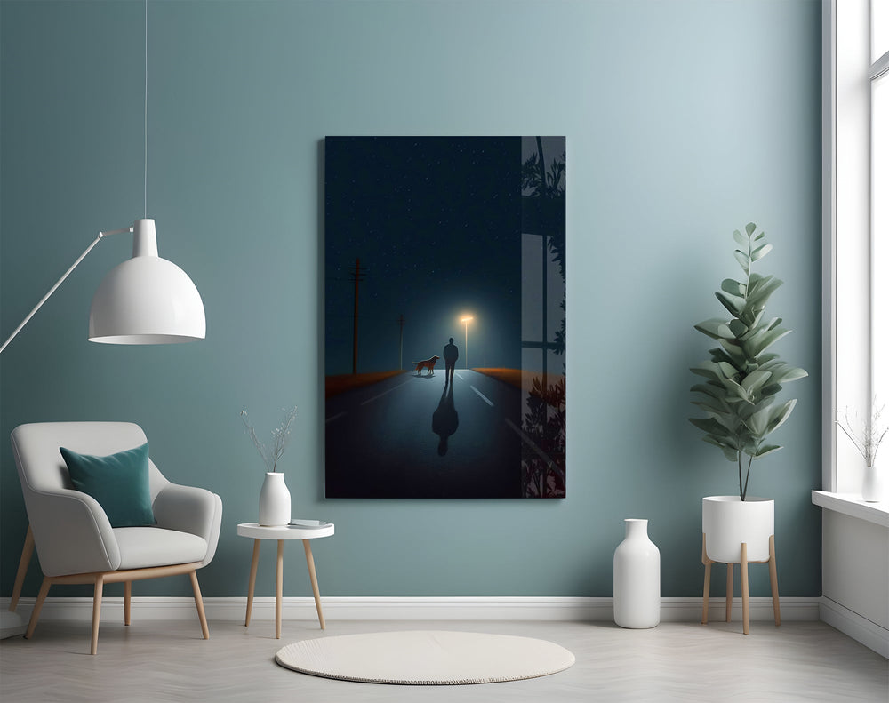 Loyal-dog companionship cinematic glass wall art in quiet reading nook