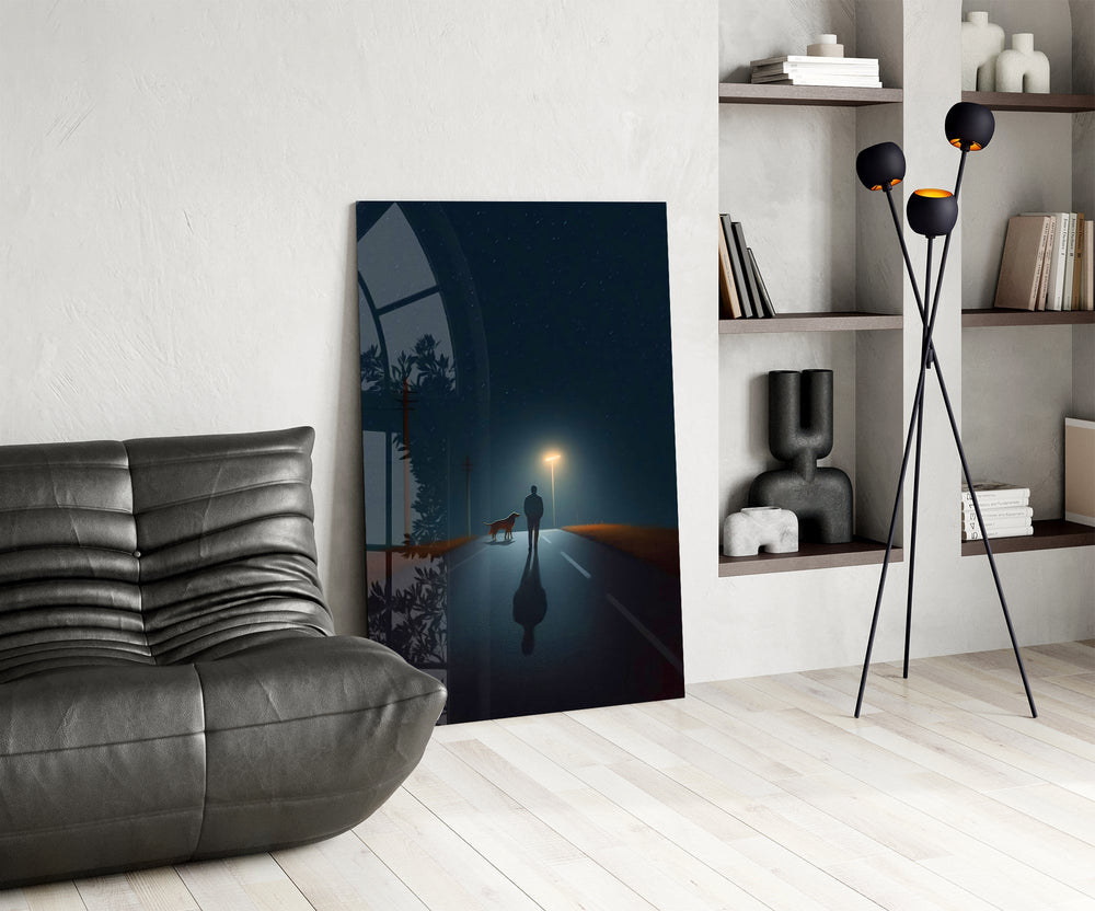 Rain-slick road cinematic glass wall art over modern dining sideboard