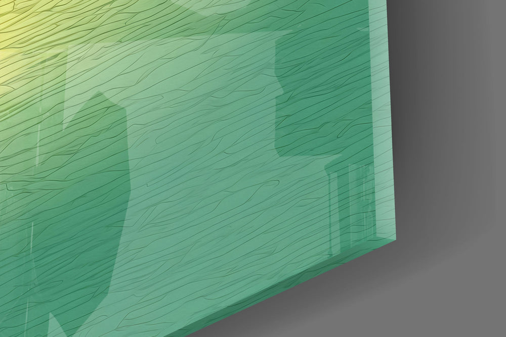 Minimalist landscape cinematic glass wall art in yoga-studio reception