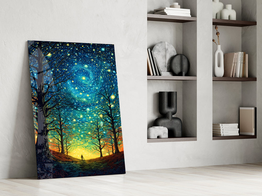 Bare-trees cinematic glass wall art in private library reading nook