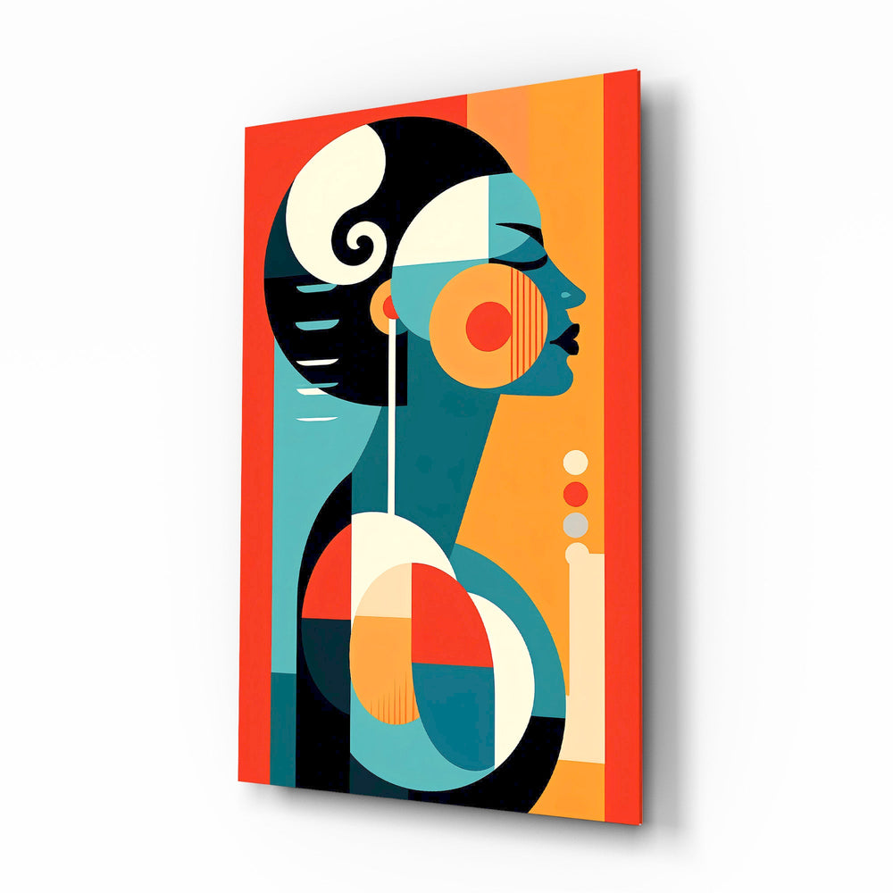 Cubist woman profile cinematic glass wall art over walnut console in designer powder room