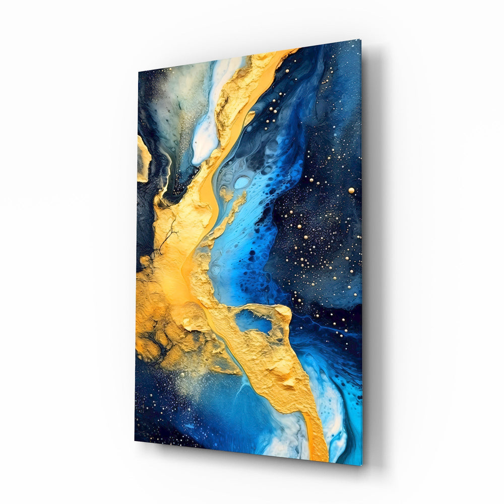 Cobalt and gold alcohol ink cinematic glass wall art over walnut console in designer entry