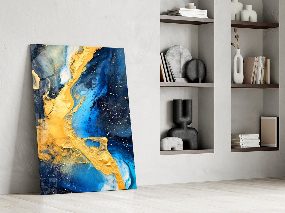 Gold-leaf abstract cinematic glass wall art in private library