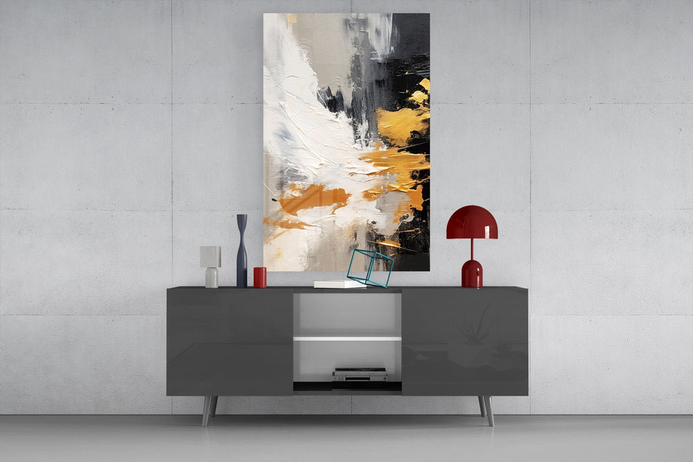 Onyx-and-ivory cinematic glass wall art in light-filled atelier