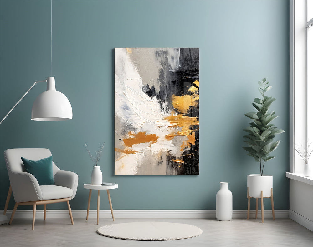 Action-painting cinematic glass wall art in boutique-hotel lobby