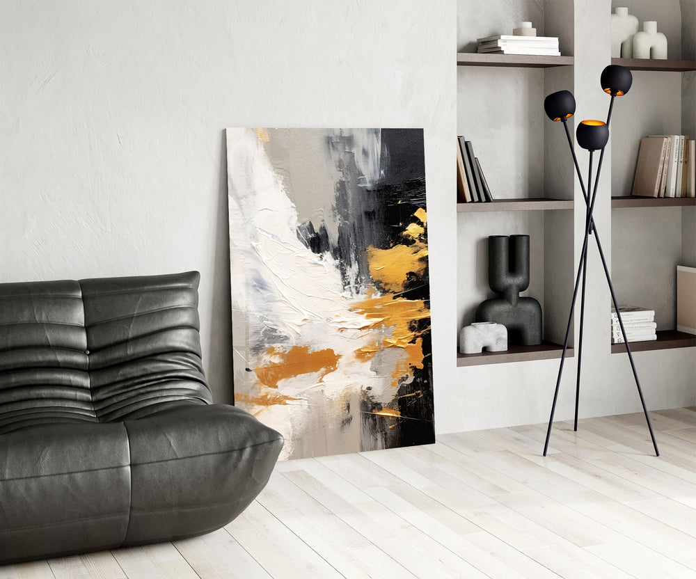 Gold-leaf impasto cinematic glass wall art over modern dining sideboard