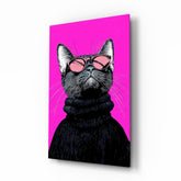 Cool cat pink shades cinematic glass wall art over walnut console in designer fashion atelier