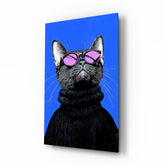Cool cat blue backdrop cinematic glass wall art over walnut console in designer fashion atelier
