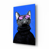Cool cat blue backdrop cinematic glass wall art over walnut console in designer fashion atelier