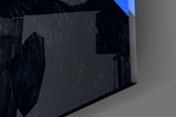 Cobalt-backdrop cat cinematic glass wall art in masculine-luxe study