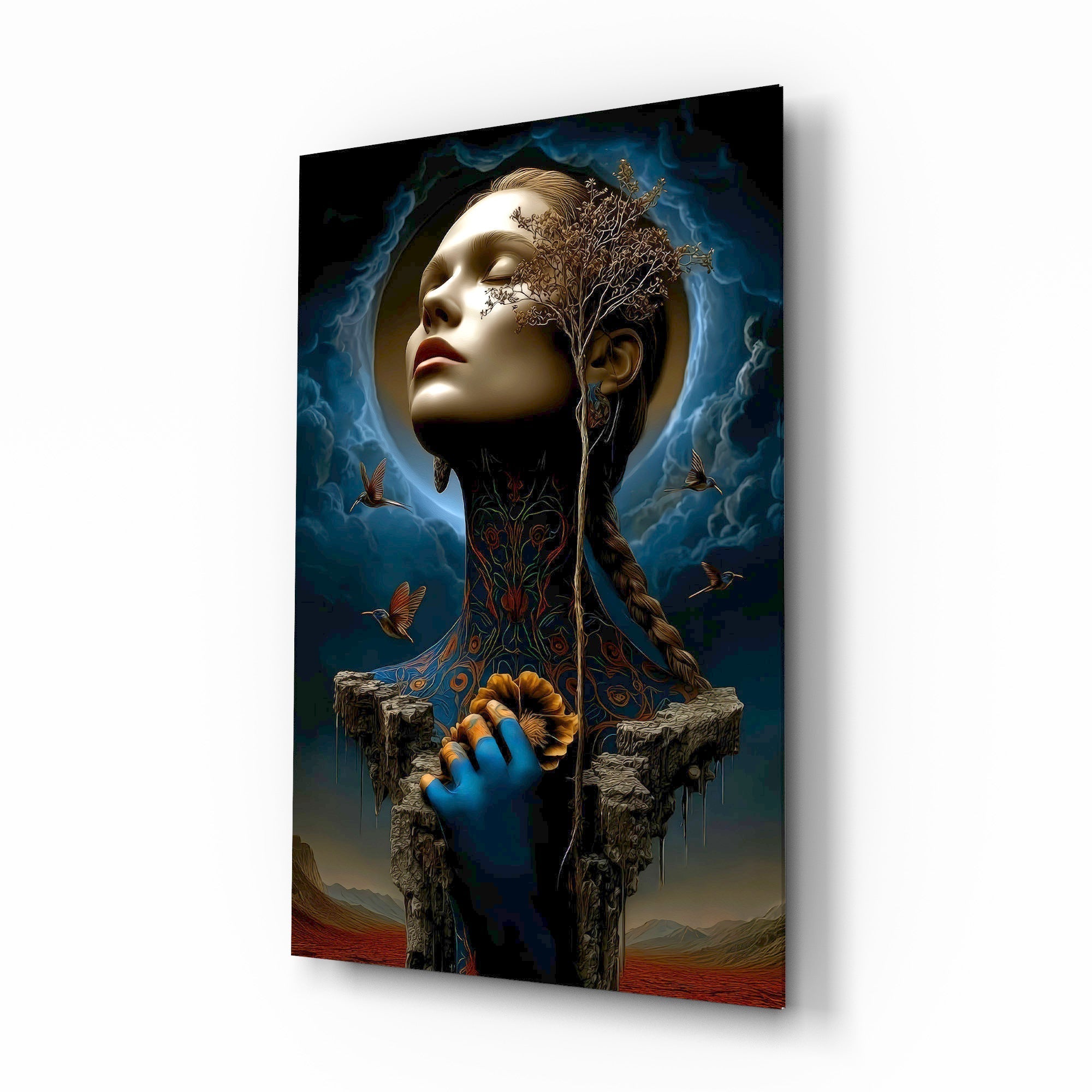 Surreal Mother Nature muse cinematic glass wall art over walnut console in designer fashion atelier