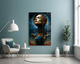 Goddess archetype cinematic glass wall art in wellness-and-meditation studio