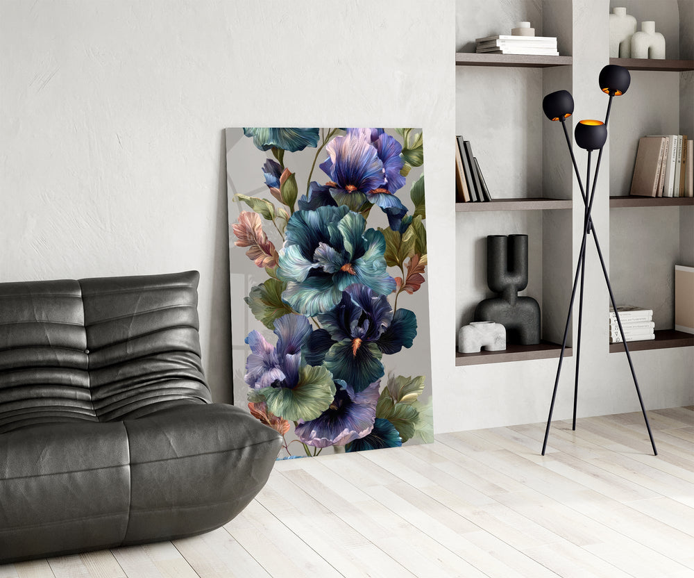 Oil-floral cinematic glass wall art over modern dining sideboard