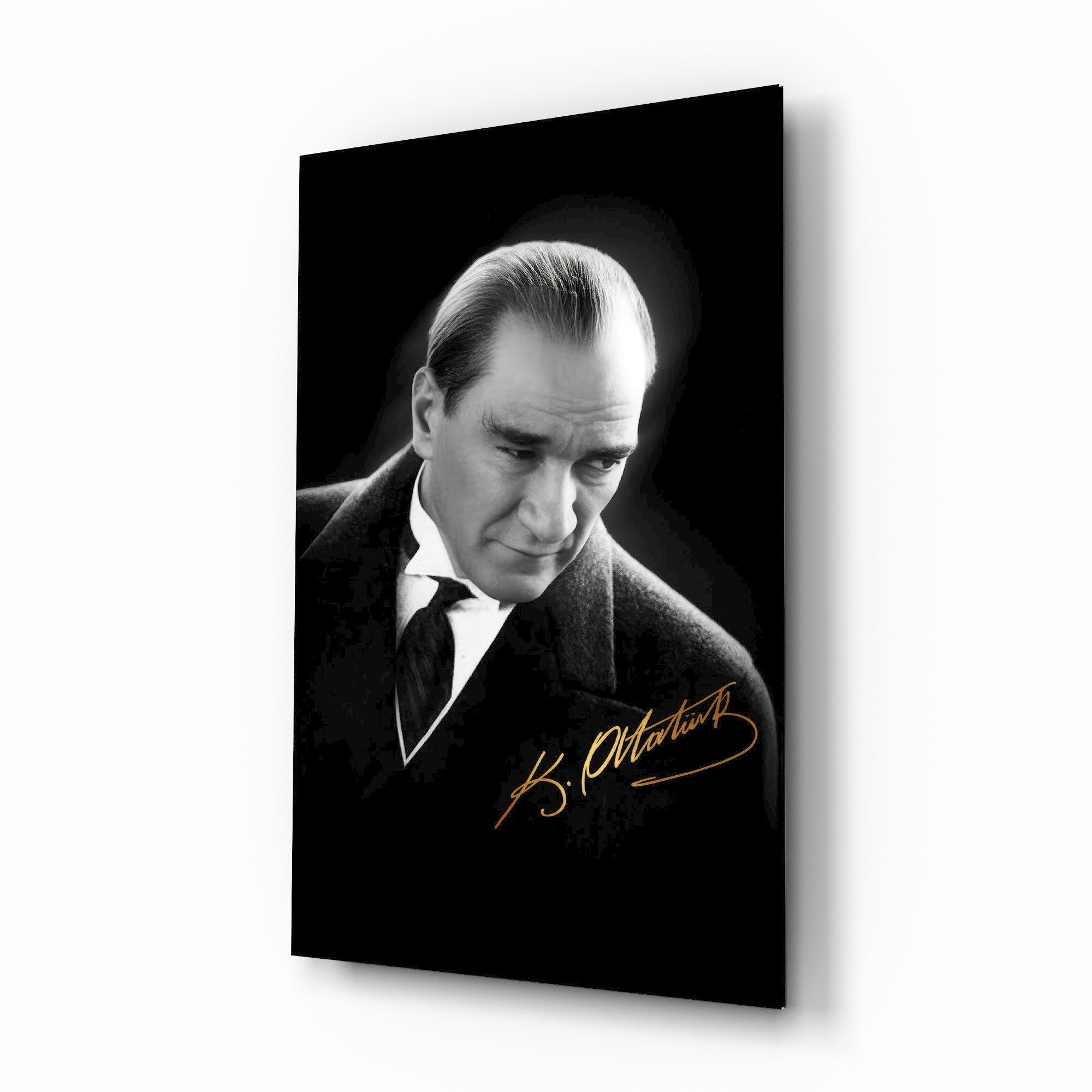 Atatürk reverent portrait cinematic glass wall art over walnut console in Turkish-heritage home