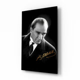 Atatürk reverent portrait cinematic glass wall art over walnut console in Turkish-heritage home