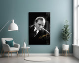 Gold-signature Atatürk cinematic glass wall art in private library