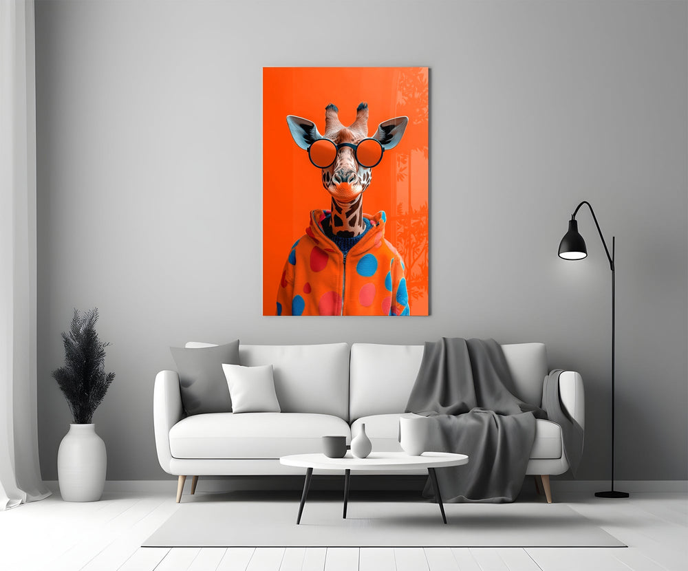 High-fashion giraffe cinematic glass wall art in heritage stairwell