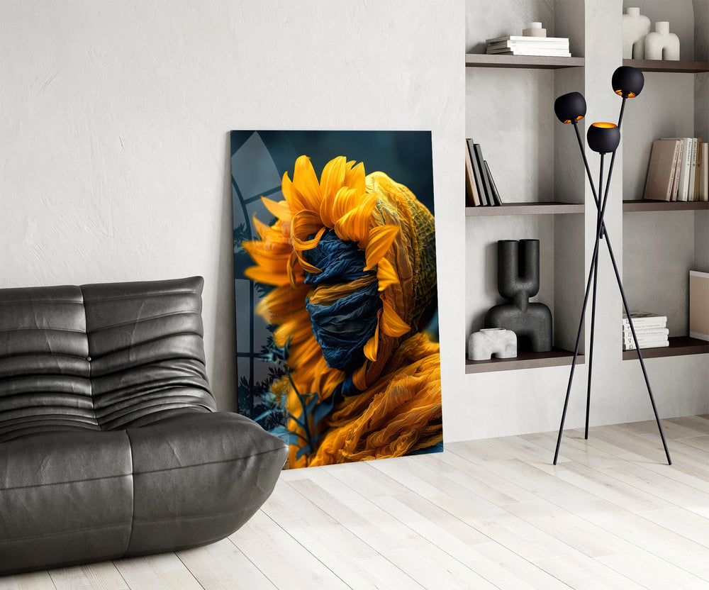 Sunflower-as-face cinematic glass wall art over modern dining sideboard