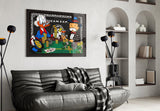 Pop-graffiti collage cinematic glass wall art in creative-agency reception