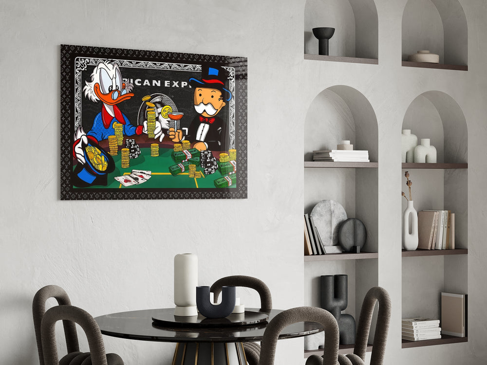 Gold-coin poker cinematic glass wall art over modern bar console