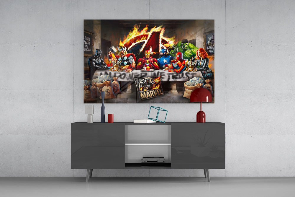 Superhero tribute cinematic glass wall art in masculine-luxe study