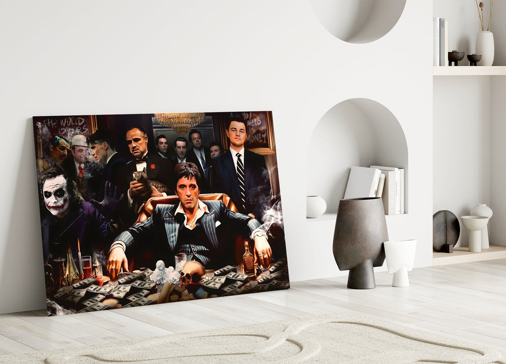 Pop-graffiti gangster cinematic glass wall art in heritage stairwell