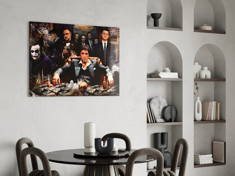 Wolf-of-Wall-Street cinematic glass wall art over modern bar console