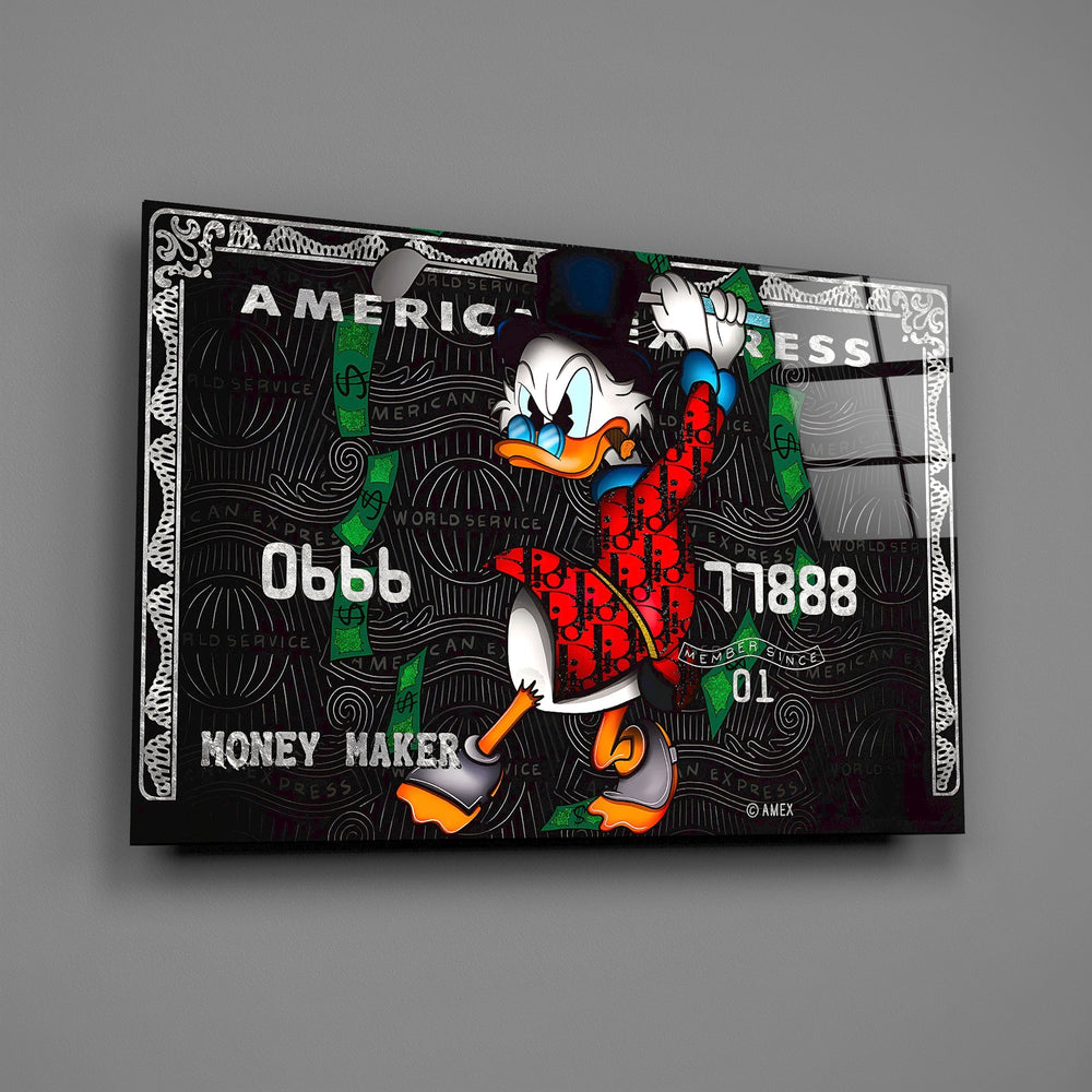 Cartoon luxury AmEx cinematic glass wall art in finance-bro home office