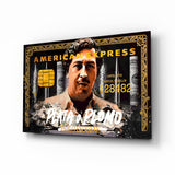 Pablo Escobar AmEx cinematic glass wall art over walnut console in designer cigar lounge