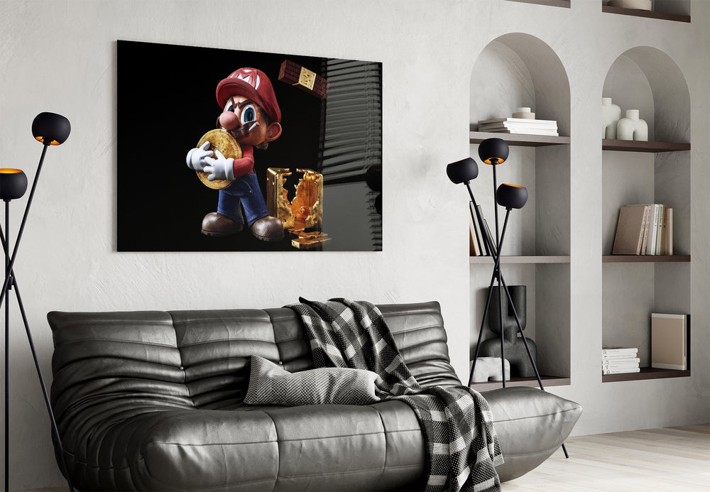 Bitcoin parody cinematic glass wall art in finance-bro home office