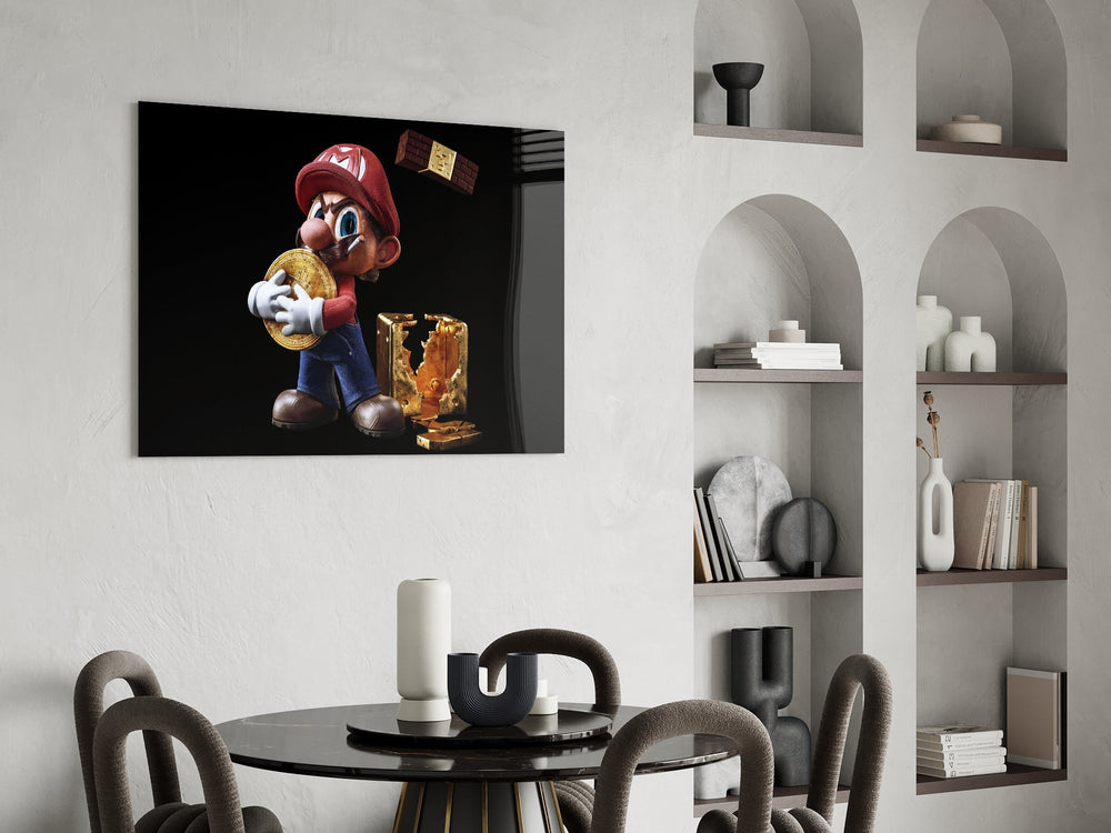 Gold-coin Mario cinematic glass wall art over modern game-room console